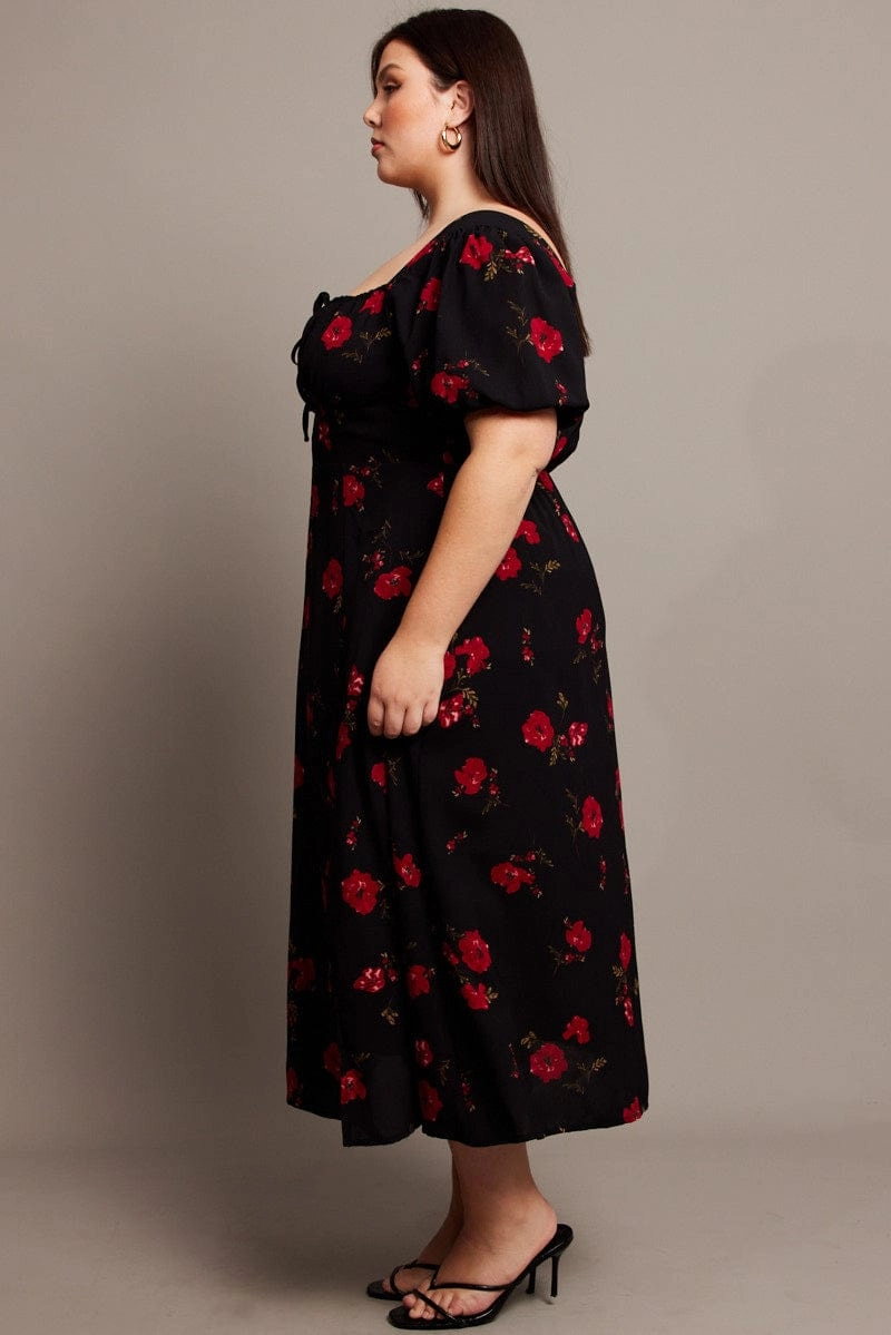 Luxe Appeal Black Ditsy Midi Dress Short Sleeve Ruched Bust