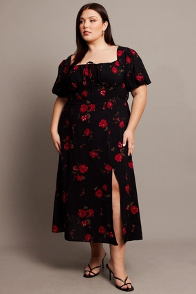 Button Chic Black Ditsy Midi Dress Short Sleeve Ruched Bust