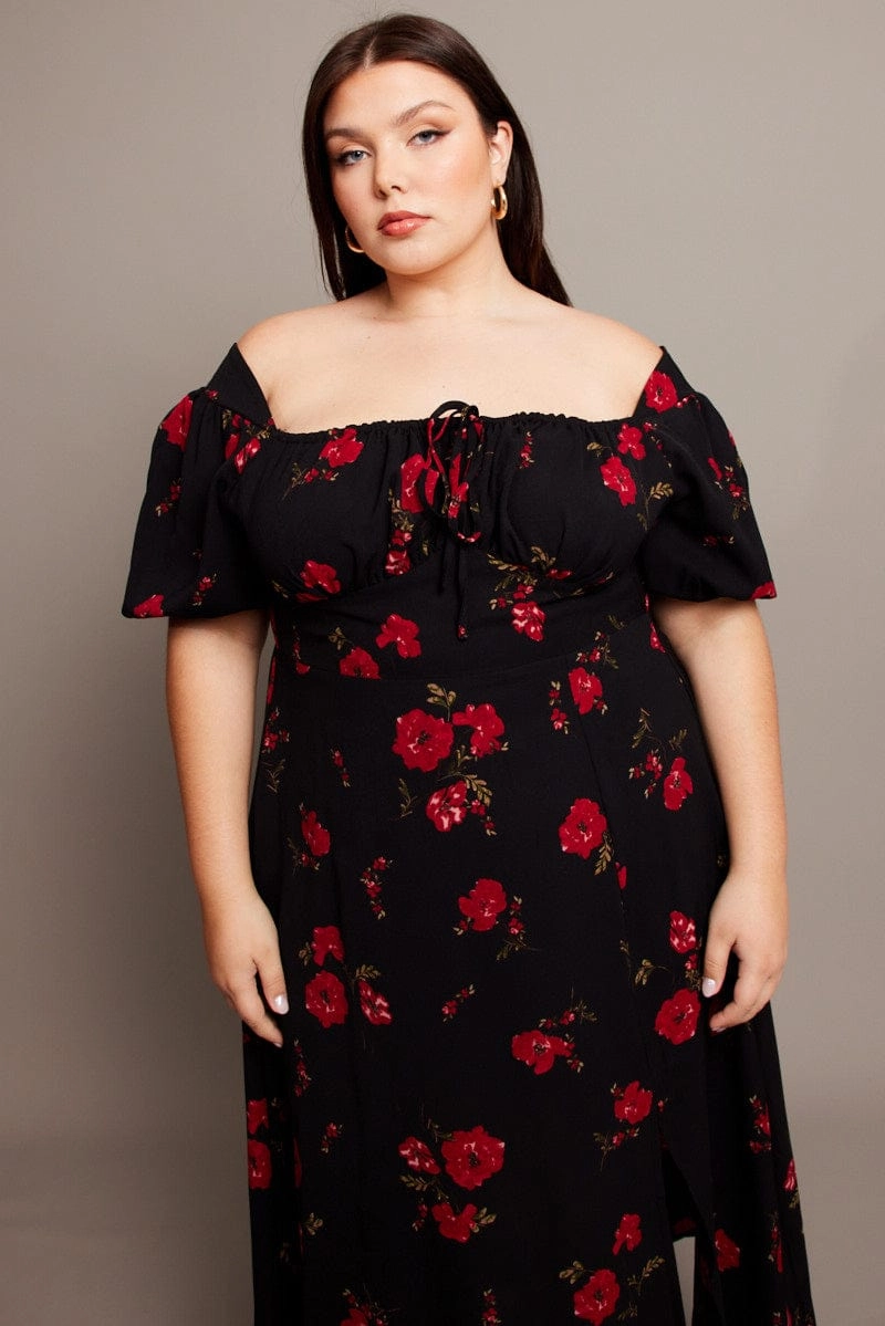 Stylish Cut Casual and Comfy Black Ditsy Midi Dress Short Sleeve Ruched Bust