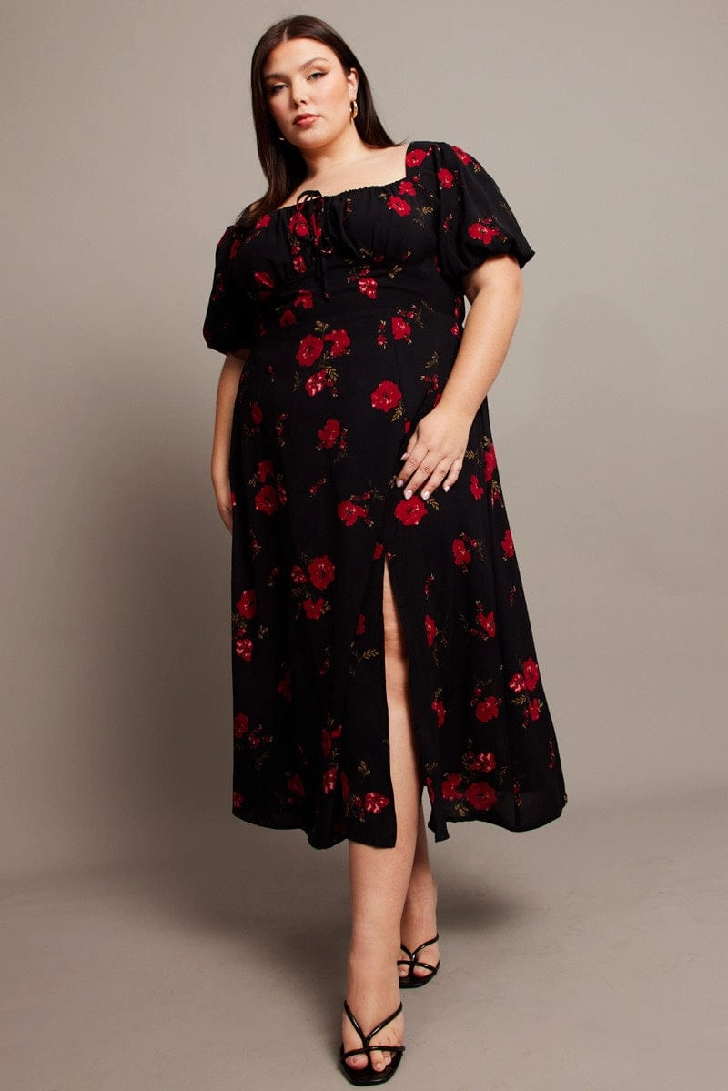 Black Ditsy Midi Dress Short Sleeve Ruched Bust Breathable fabric