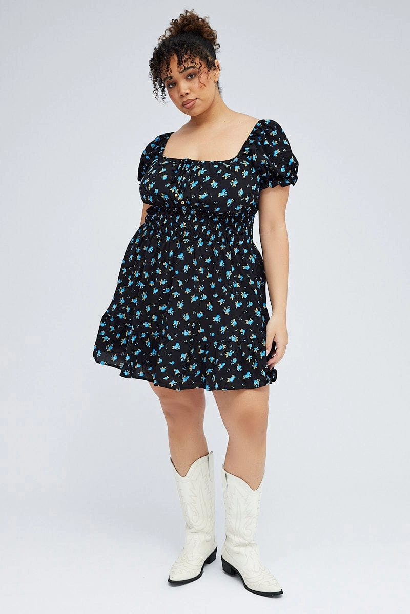 Casual Essential Texture Softness Black Ditsy Mini Dress Puff Sleeve Gather Detail