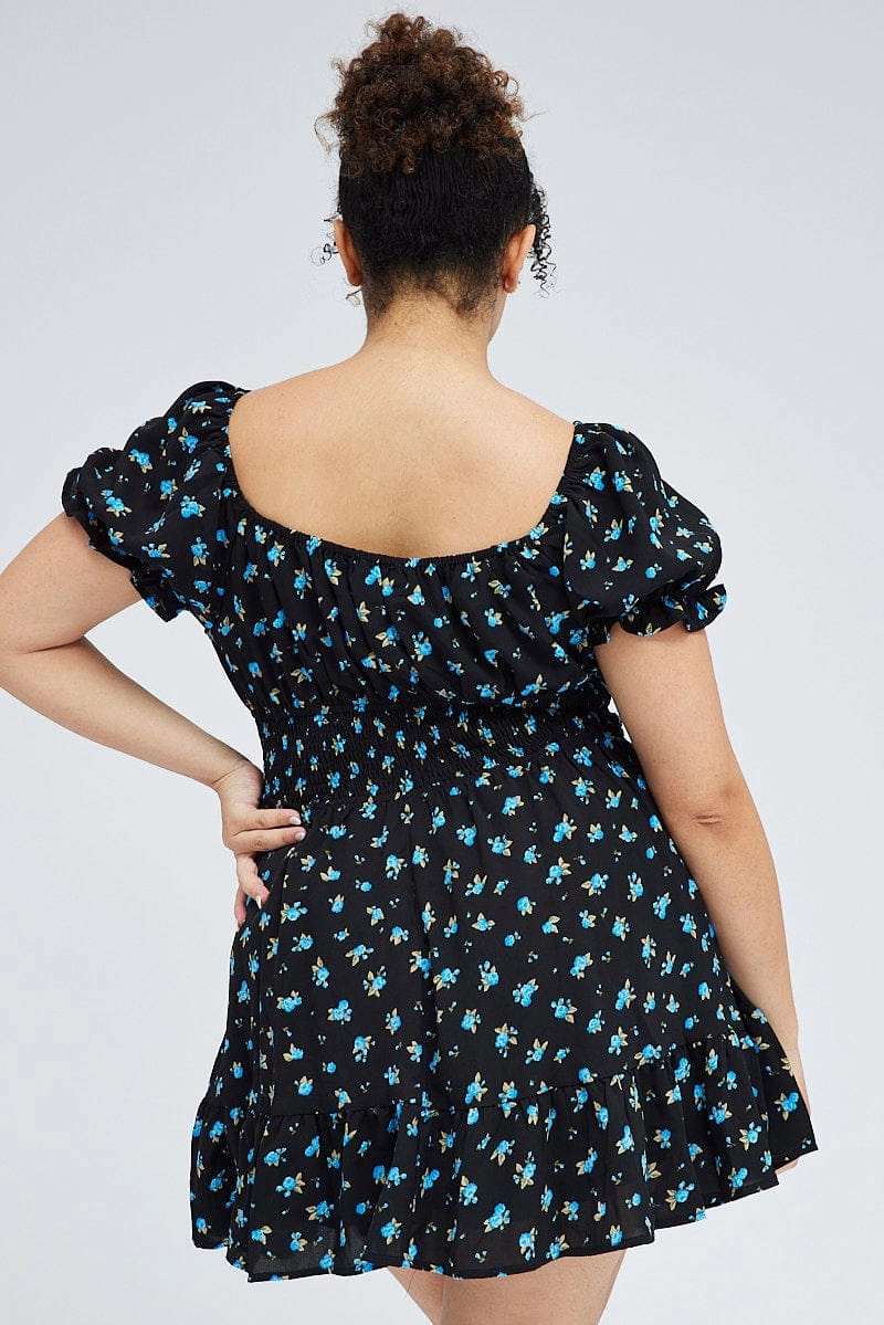 Day Glow Urban Style Black Ditsy Mini Dress Puff Sleeve Gather Detail