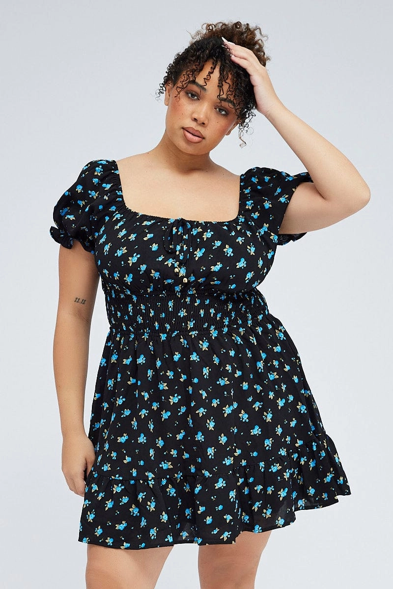 Nature Glow Trendy Silhouette Black Ditsy Mini Dress Puff Sleeve Gather Detail