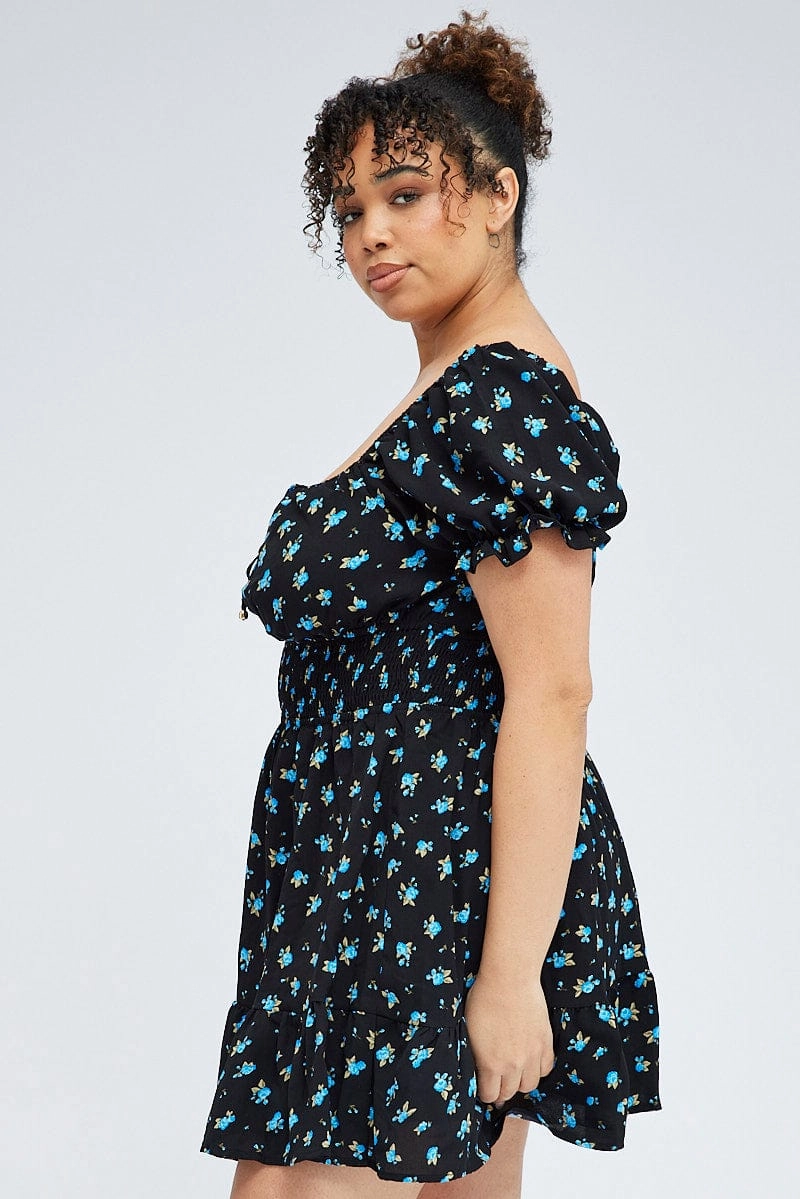 Floral Swing Easy Movement Black Ditsy Mini Dress Puff Sleeve Gather Detail
