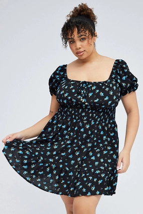 ConvertibleNeckline Chill Fashion Black Ditsy Mini Dress Puff Sleeve Gather Detail