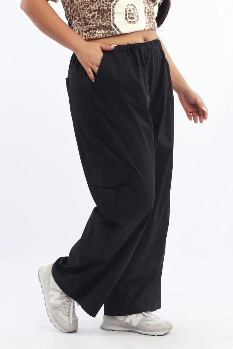 ThermalRegulation Anti Pilling Textile Black Elastic Waist Wide Leg Cotton Blend Cargo Pants