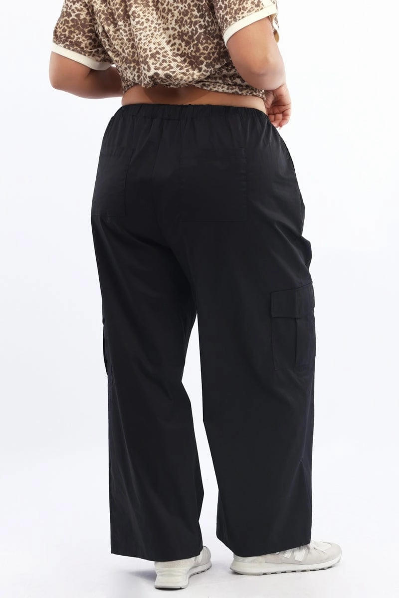 Black Elastic Waist Wide Leg Cotton Blend Cargo Pants Cozy and Soft Flared bottom
