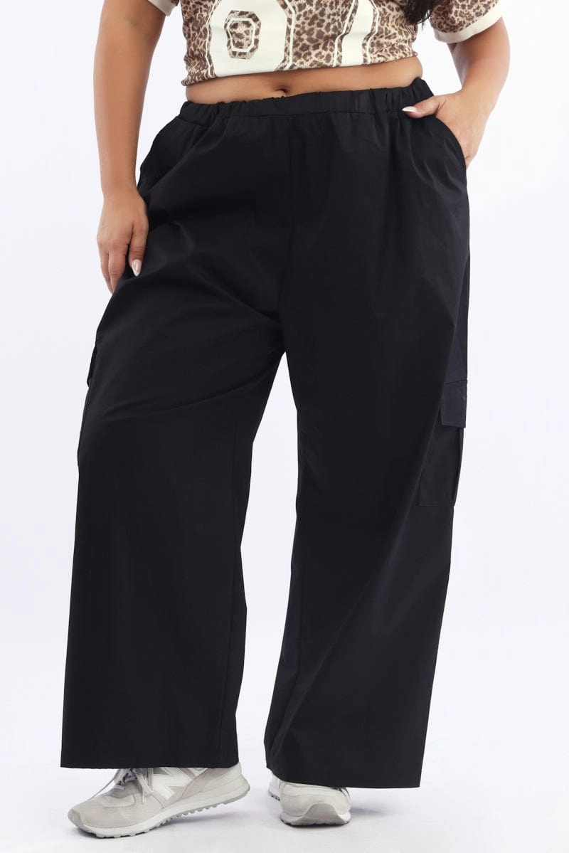 High Waist Black Elastic Waist Wide Leg Cotton Blend Cargo Pants