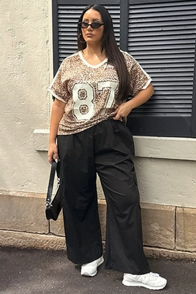 Black Elastic Waist Wide Leg Cotton Blend Cargo Pants Everyday Comfort Wear