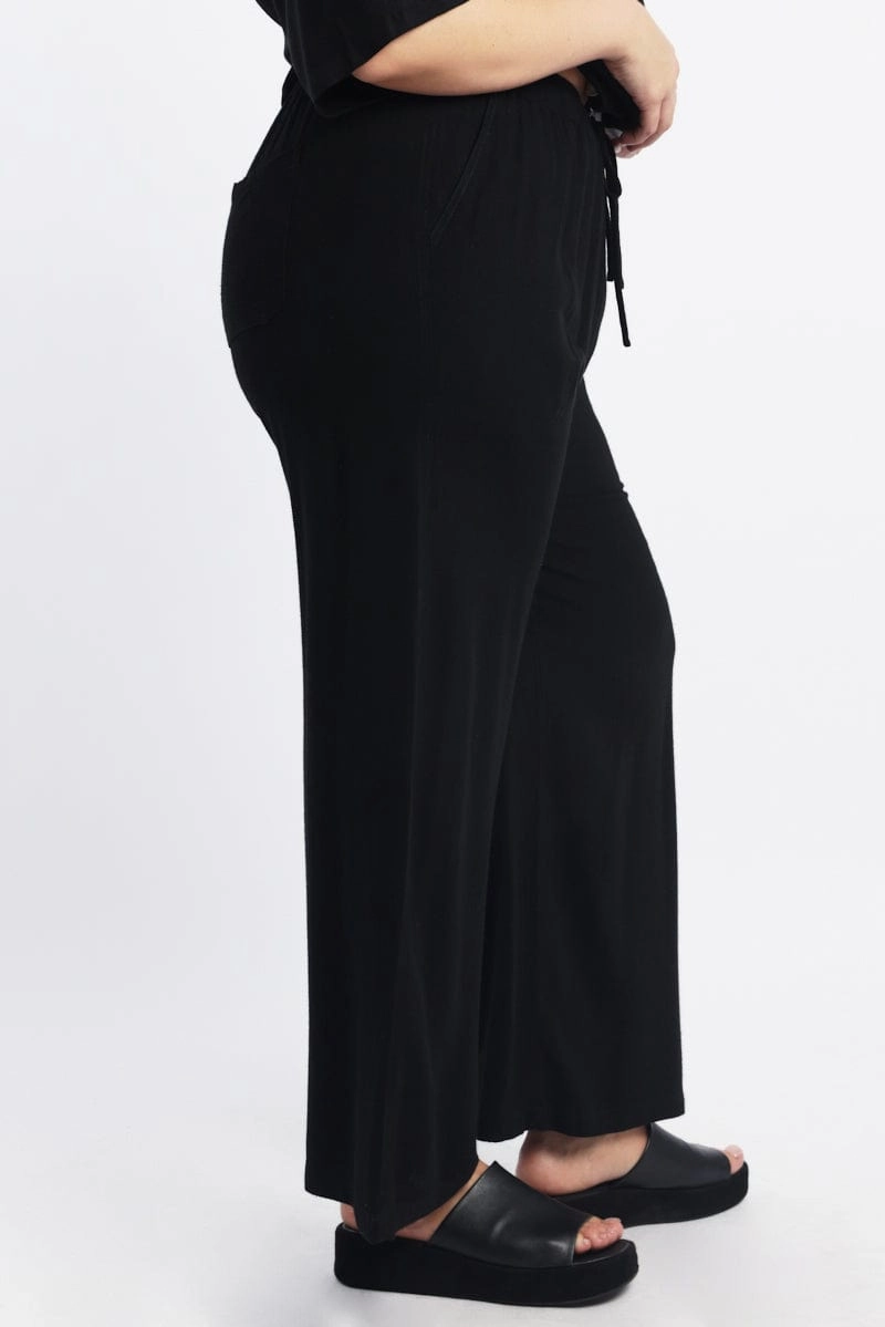 Black Elastic Waist Wide Leg Linen Blend Pants Relax Fit Design