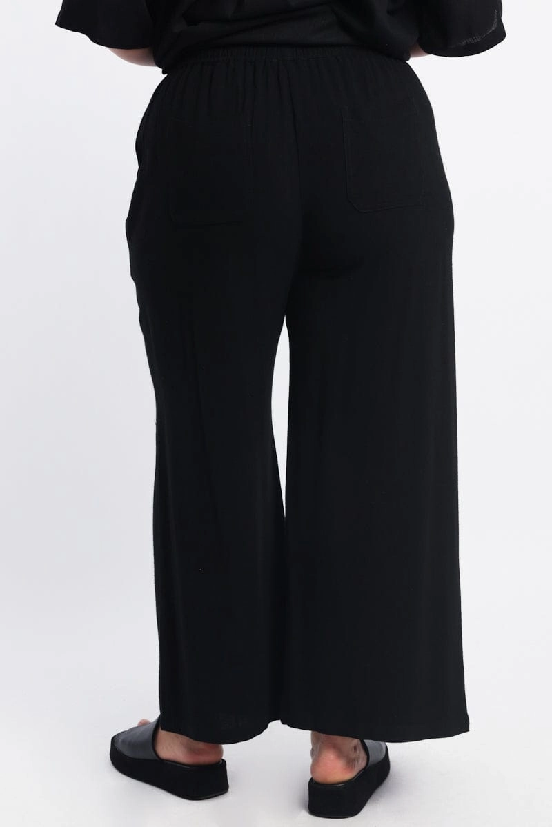 Bootcut shape Non Restrictive Fit Black Elastic Waist Wide Leg Linen Blend Pants