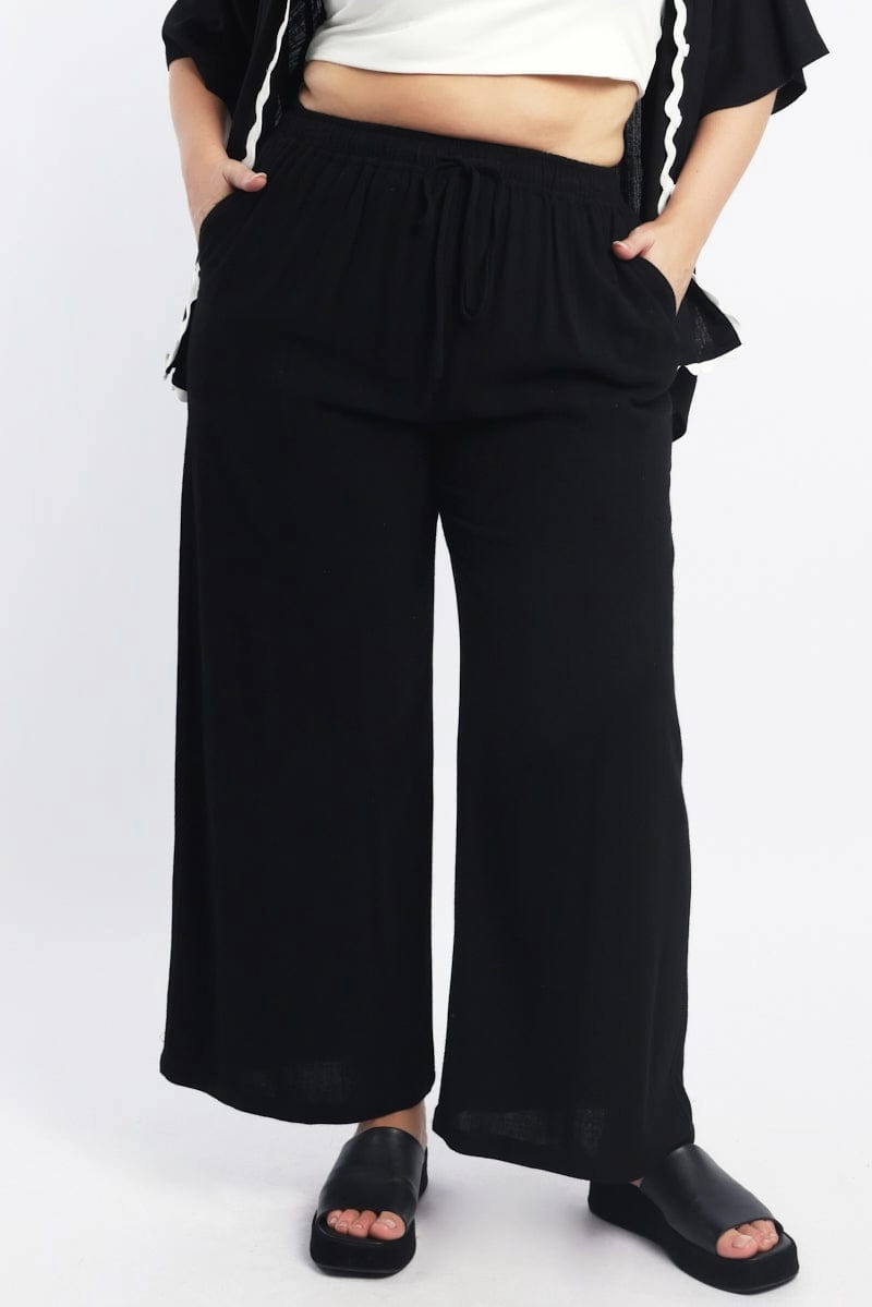 Black Elastic Waist Wide Leg Linen Blend Pants Practical Wear
