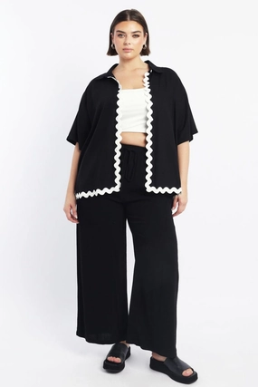Black Elastic Waist Wide Leg Linen Blend Pants Urban Edge