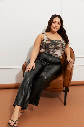 Feminine Fit Black Faux Leather Pants High Button Waist Wide Leg