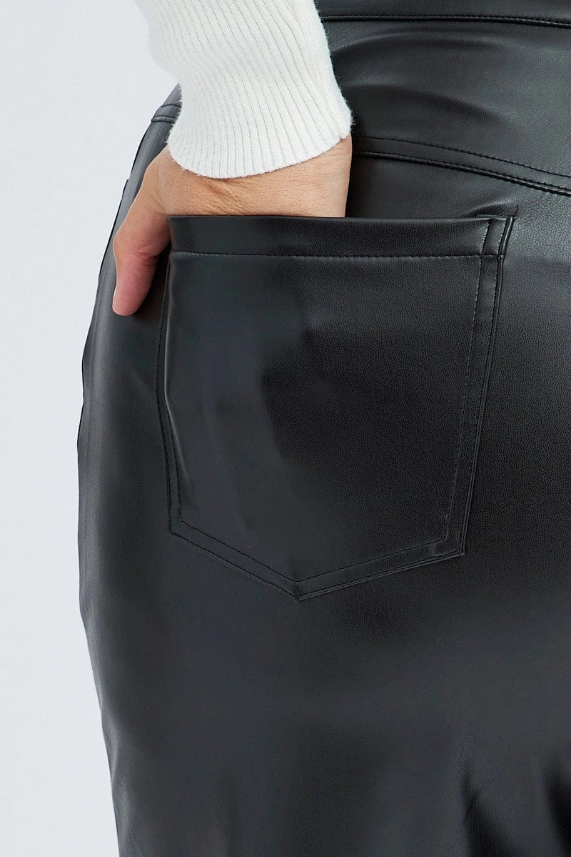 Stretch waistband Rugged Wear Black Faux Leather Pants High Button Waist Wide Leg