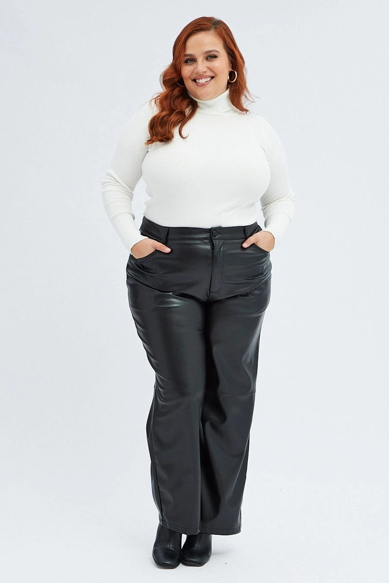 Zip Pocket Black Faux Leather Pants High Button Waist Wide Leg