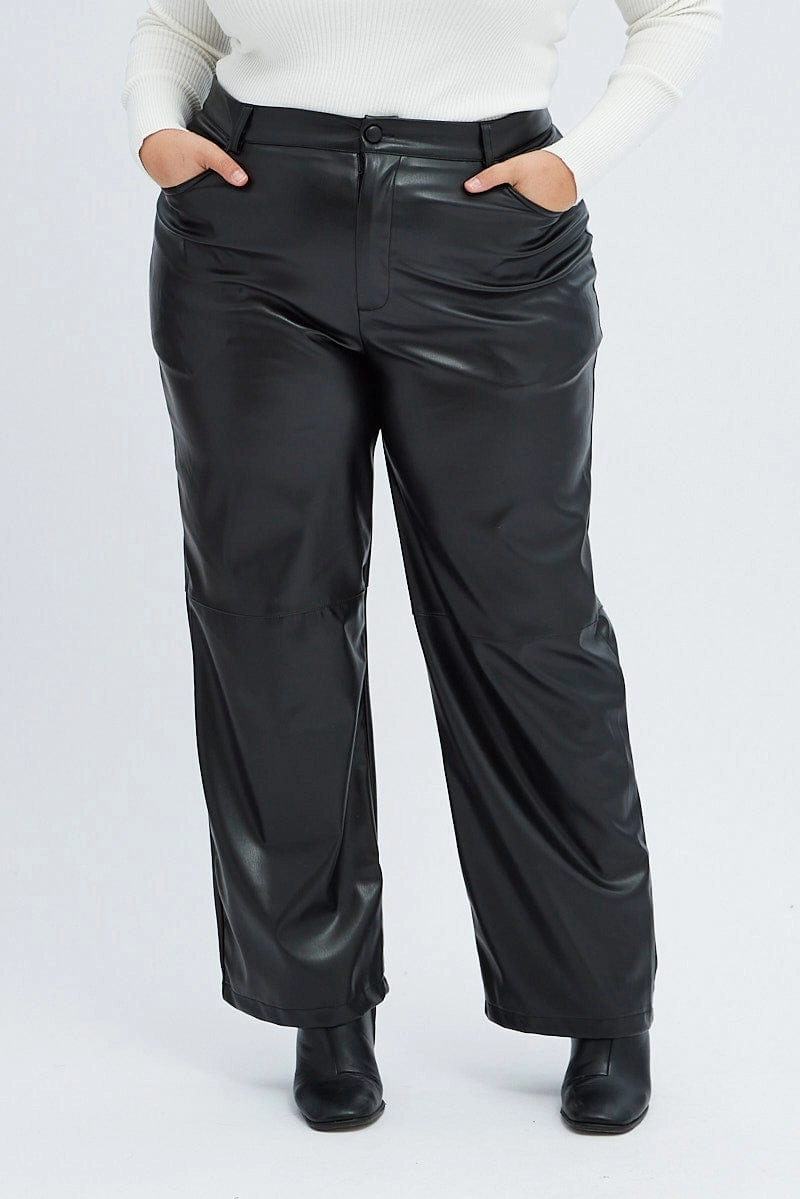 Black Faux Leather Pants High Button Waist Wide Leg HeatRegulating Functional Ease