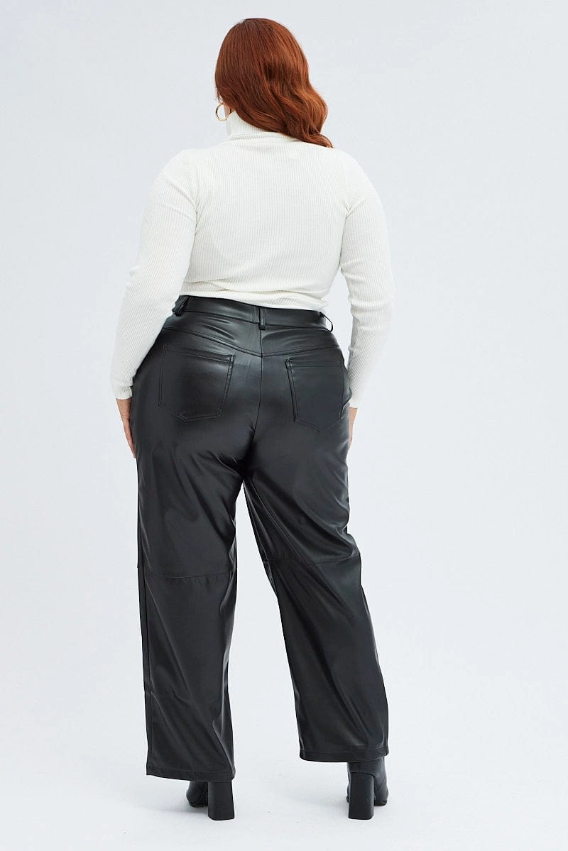 Outdoor activities Black Faux Leather Pants High Button Waist Wide Leg