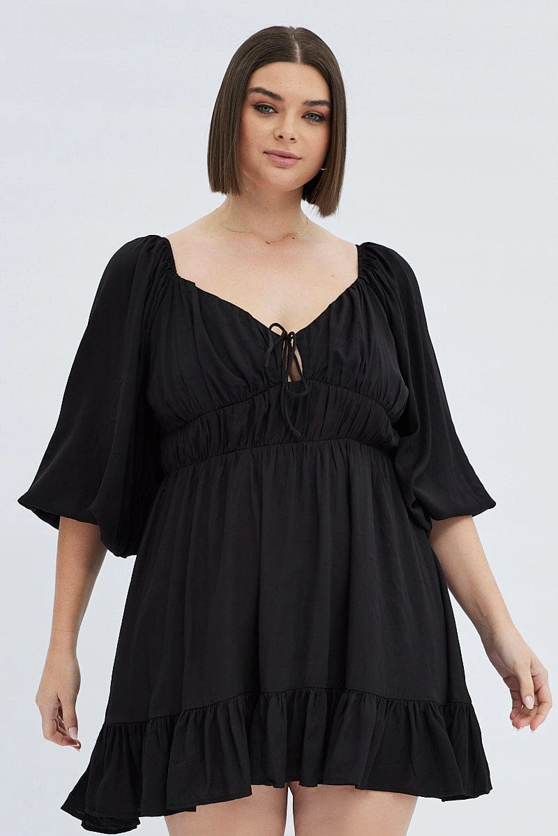 Black Fit And Flare Dress 3/4 Sleeve Tiered Cut Out One Piece Look