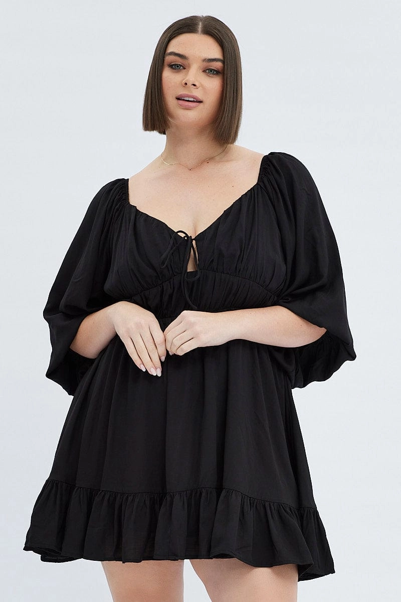 Black Fit And Flare Dress 3/4 Sleeve Tiered Cut Out Celebration Wear