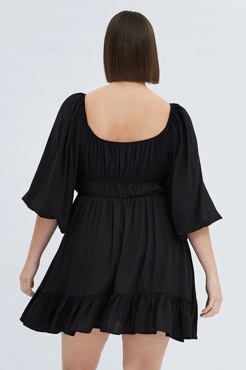 Black Fit And Flare Dress 3/4 Sleeve Tiered Cut Out Layered Volume