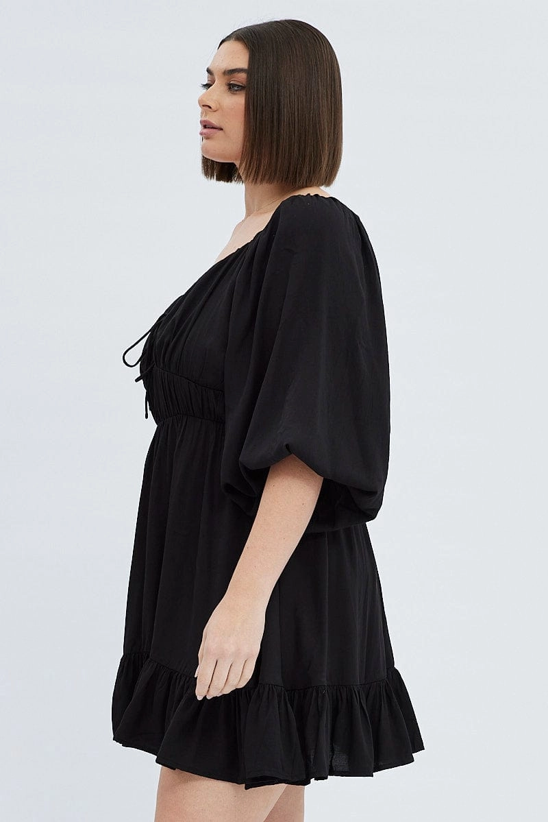 Black Fit And Flare Dress 3/4 Sleeve Tiered Cut Out AntiStaticMaterial