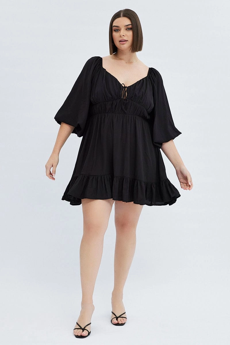 Simple formal dress Black Fit And Flare Dress 3/4 Sleeve Tiered Cut Out
