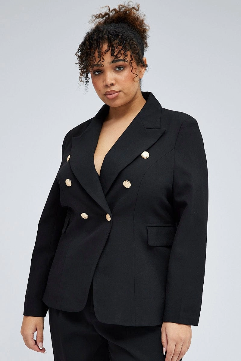 Black Fitted Blazer Gold Button Double Breasted Lined Durable Color Retention