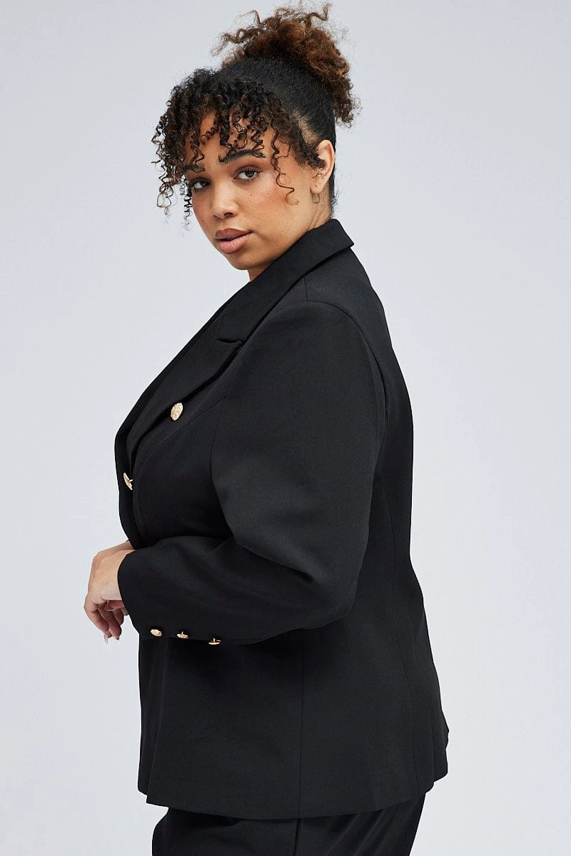 Quick Dry Fabric DurableOuterShell Black Fitted Blazer Gold Button Double Breasted Lined