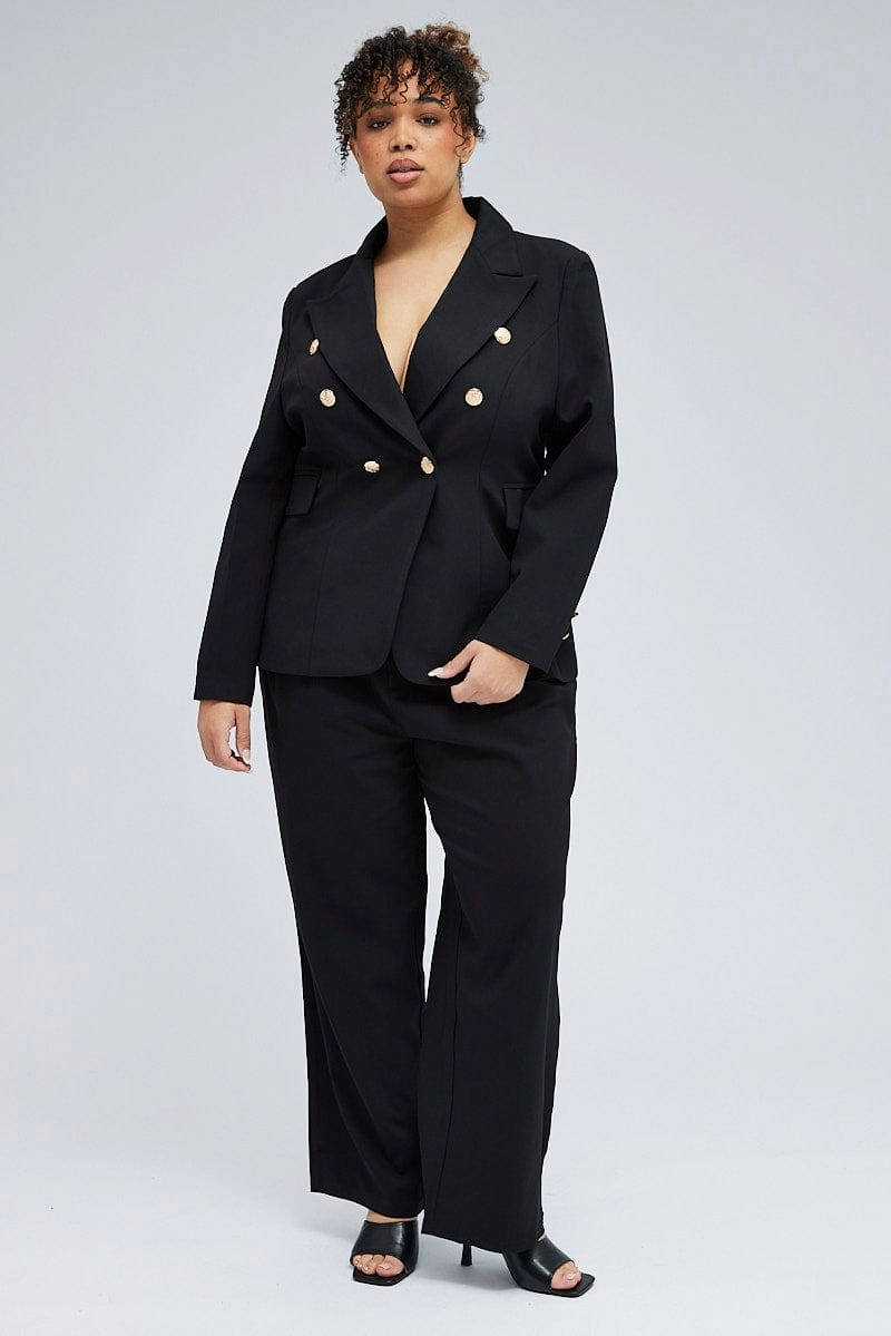 Smooth Flat Collar Black Fitted Blazer Gold Button Double Breasted Lined