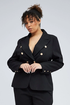 Tear Resistant Knit DoubleLayeredCuffs Black Fitted Blazer Gold Button Double Breasted Lined