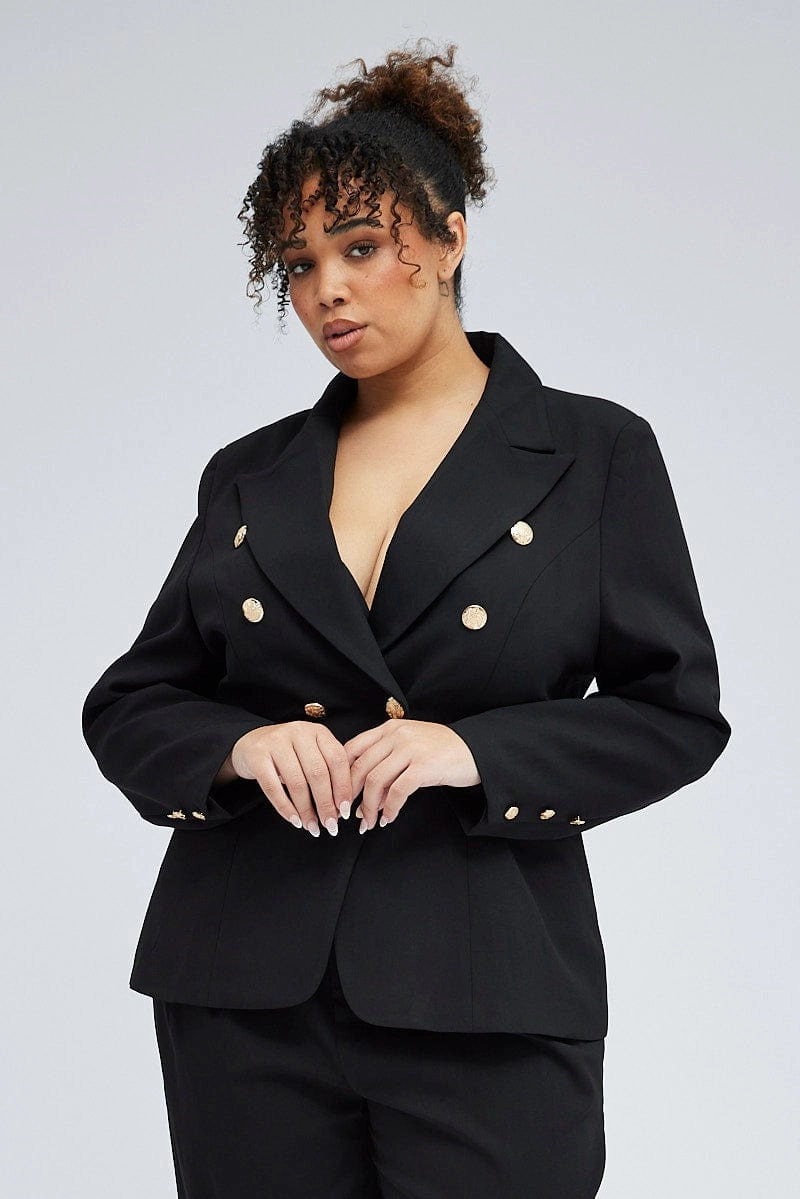 Tear Resistant Knit DoubleLayeredCuffs Black Fitted Blazer Gold Button Double Breasted Lined