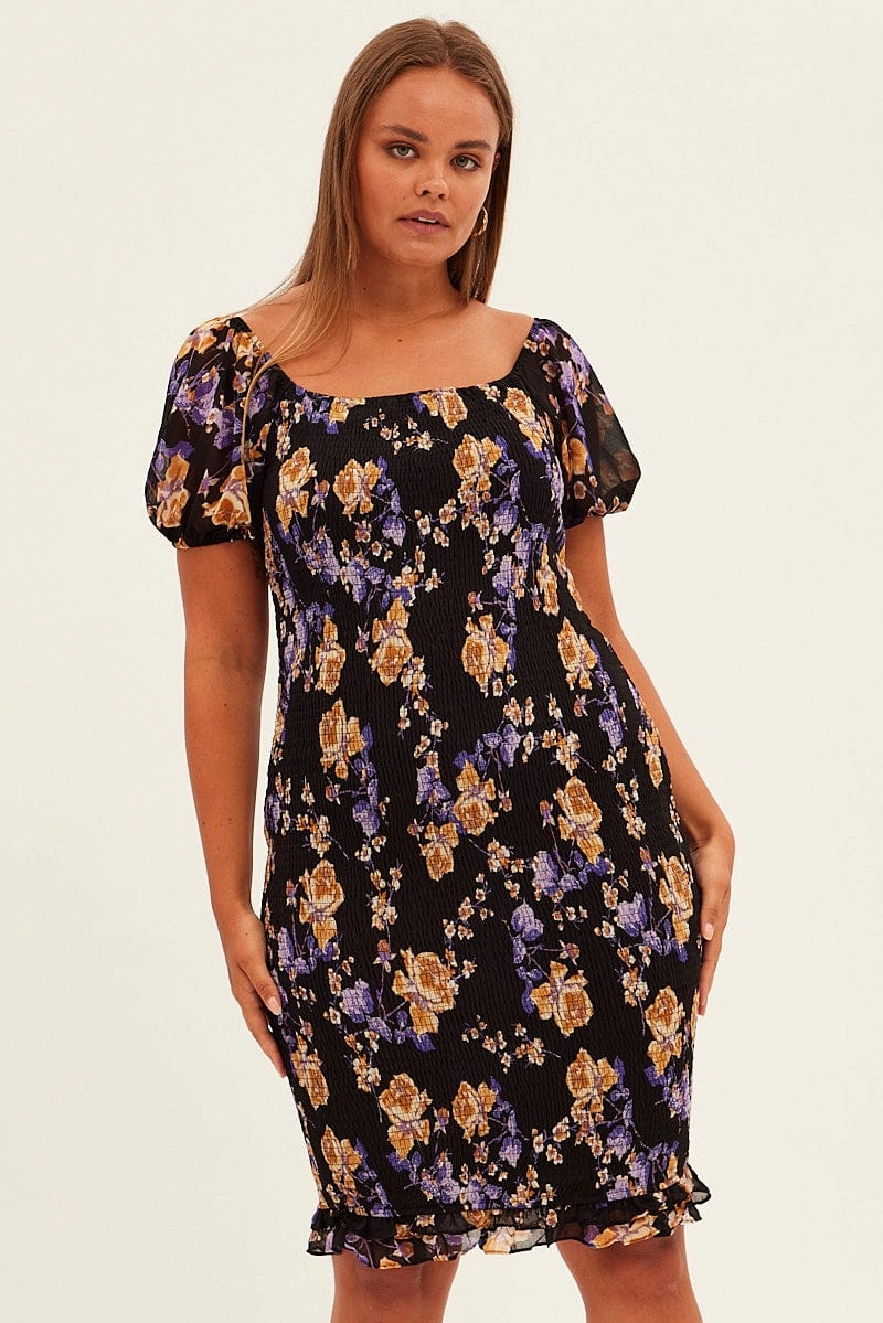Black Floral Bodycon Dress Short Sleeve Off Shoulder Shirred Skin Hug
