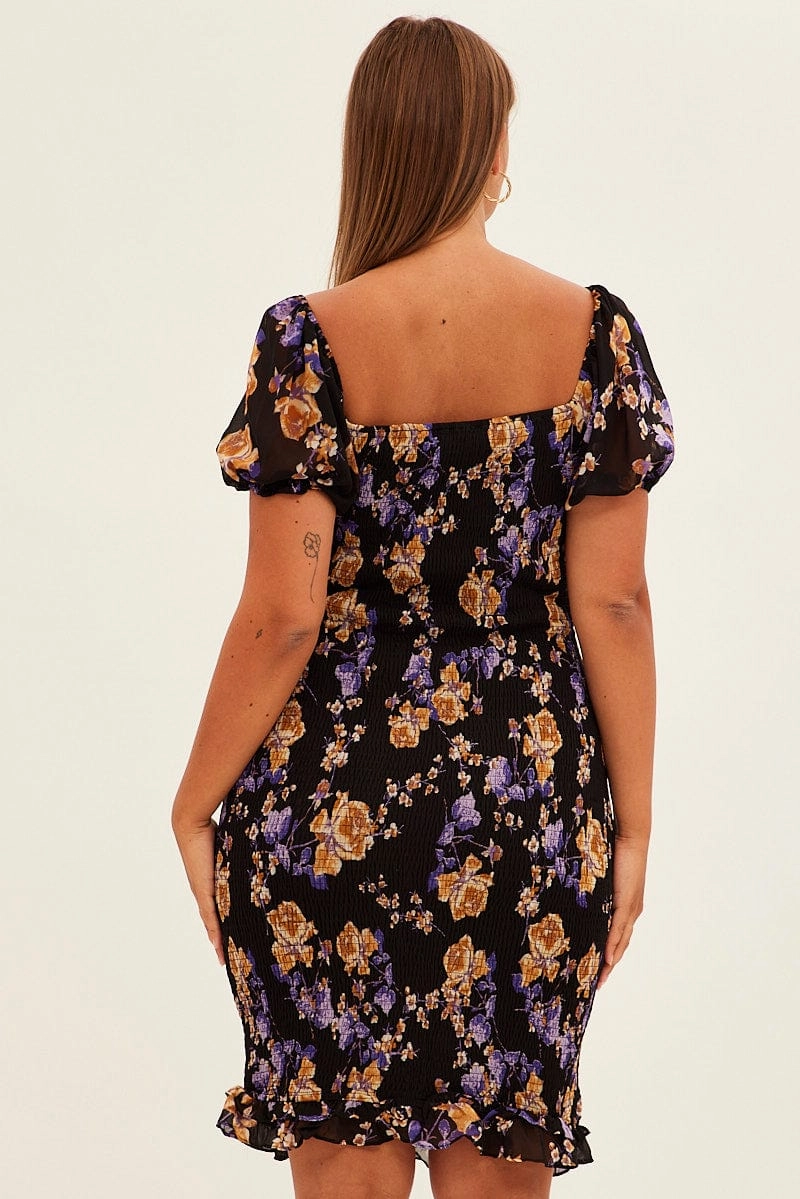 Black Floral Bodycon Dress Short Sleeve Off Shoulder Shirred Neutral Layer Mixed Fabric