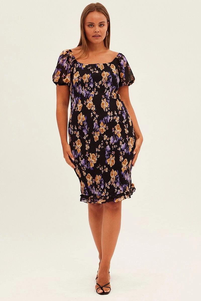 Black Floral Bodycon Dress Short Sleeve Off Shoulder Shirred Sheer Panel Winter Classic