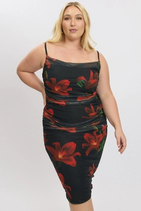 Cap-Sleeve Gentle Motion Black Floral Cowl Neck Shoestring Strap Bodycon Maxi Dress
