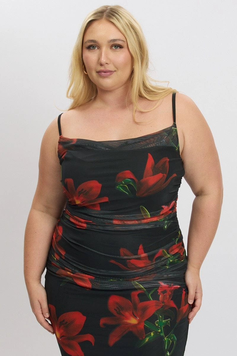 Low Key Black Floral Cowl Neck Shoestring Strap Bodycon Maxi Dress