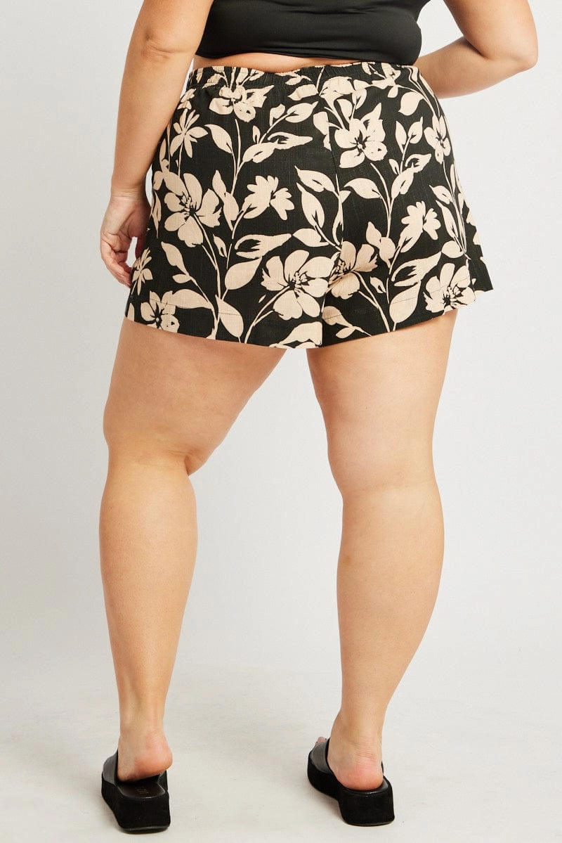 Black Floral Elastic Waist Linen Blend Shorts Contoured Cuff Design