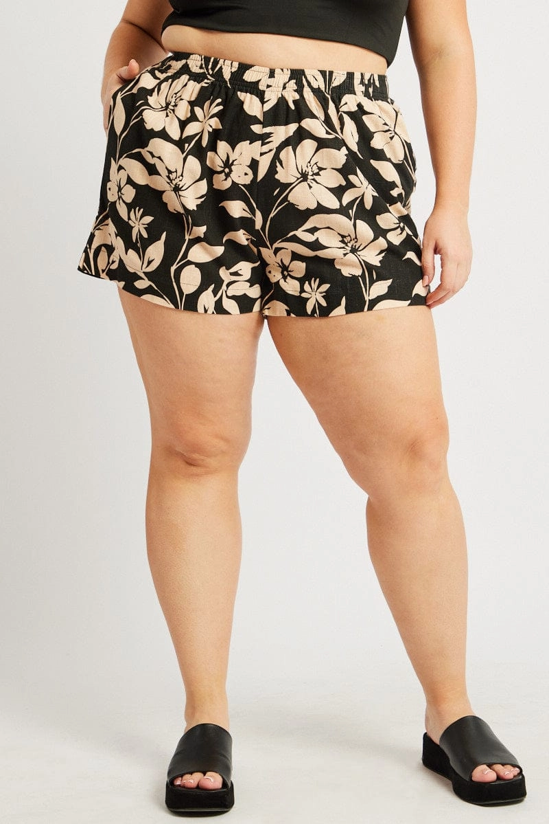 Black Floral Elastic Waist Linen Blend Shorts Chill Wear