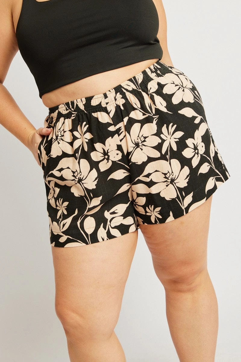 Soft Feel Black Floral Elastic Waist Linen Blend Shorts