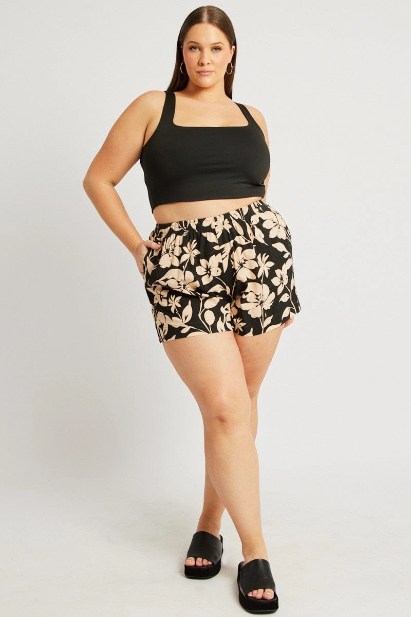 On Trend Roomy Comfort Black Floral Elastic Waist Linen Blend Shorts