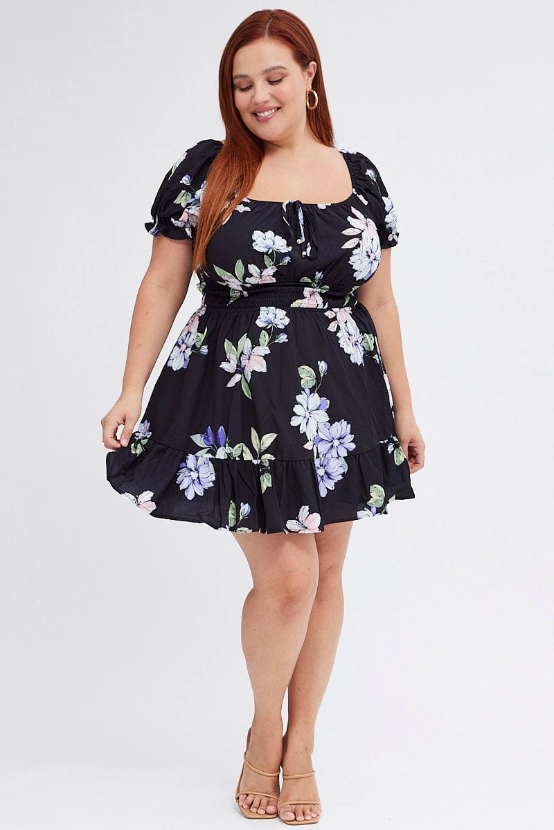 Fall Ready Black Floral Fit And Flare Dress Short Sleeve Gathered Bust