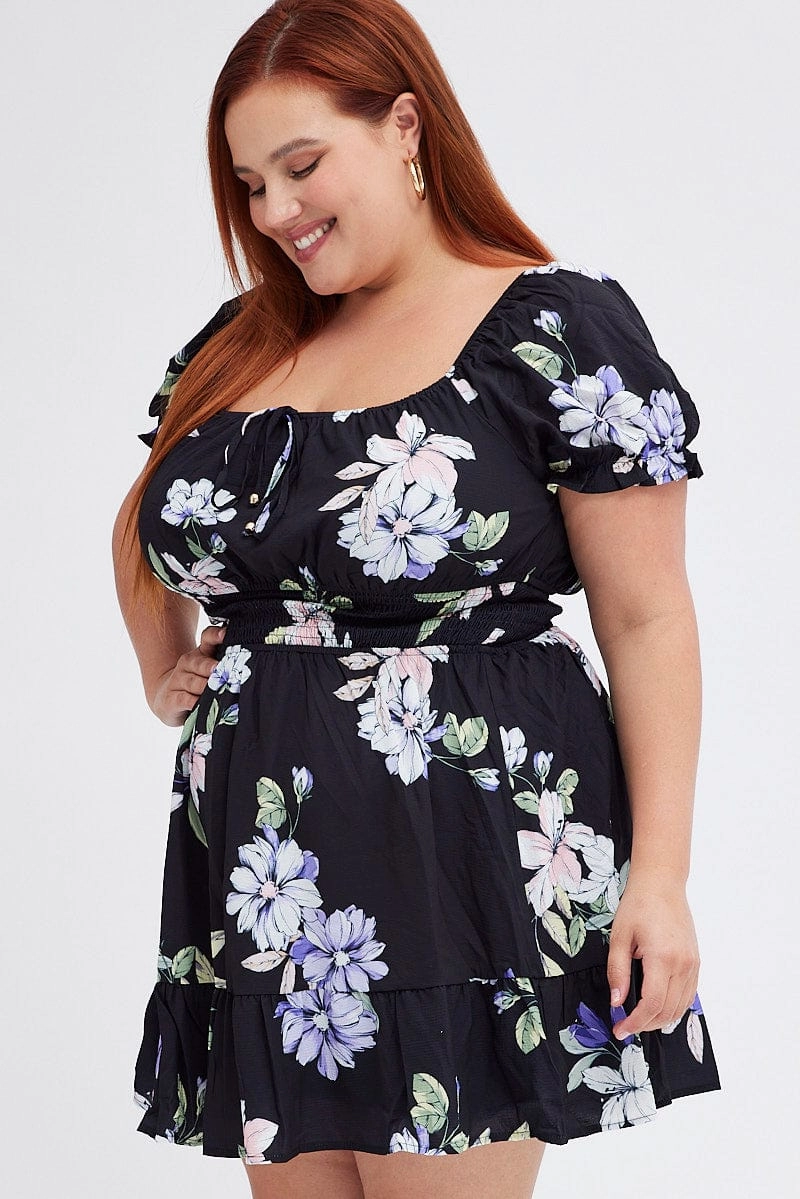 Sleek And Stylish Pleat Breeze Black Floral Fit And Flare Dress Short Sleeve Gathered Bust