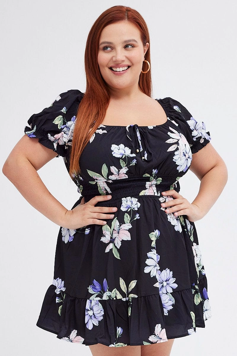 Curve Friendly Black Floral Fit And Flare Dress Short Sleeve Gathered Bust