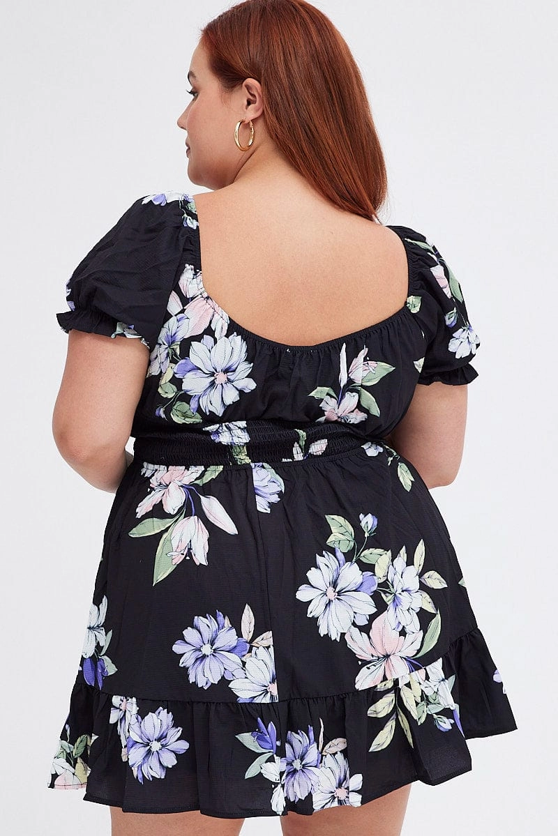 Black Floral Fit And Flare Dress Short Sleeve Gathered Bust spring fresh Pure Shape