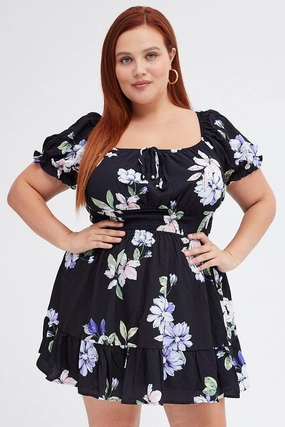 All Gender Fit Silky Shine Black Floral Fit And Flare Dress Short Sleeve Gathered Bust
