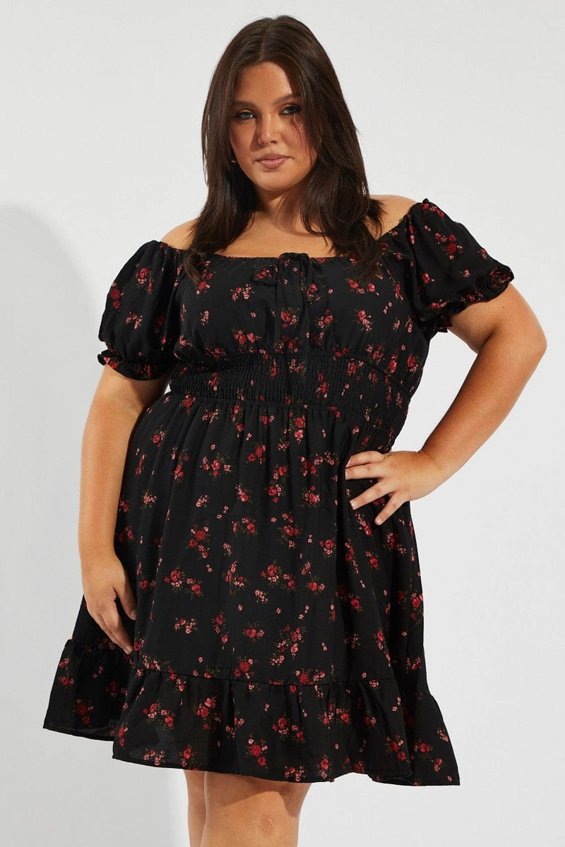 Black Floral Fit And Flare Dress Short Sleeve Ruched Bust Trendy And Comfortable