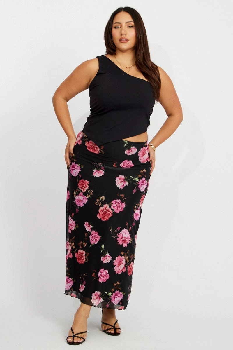 Black Floral Lace Trim Mesh Midi Skirt Polished Style Side Pockets