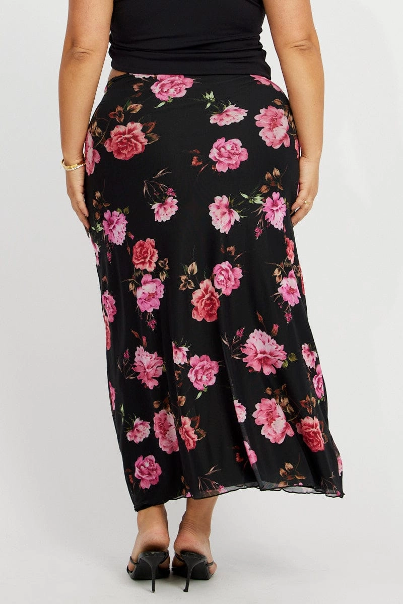 Black Floral Lace Trim Mesh Midi Skirt Tear Resistant Material