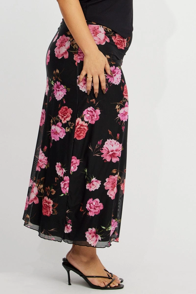 Black Floral Lace Trim Mesh Midi Skirt Spring Must Have